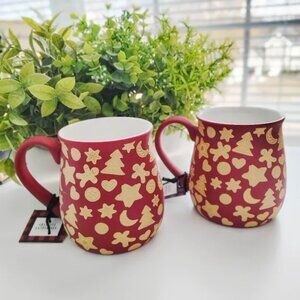 Grateful Gatherings Red & Gold Porcelain Footed Holiday Mugs | Set of 2 | 8 oz